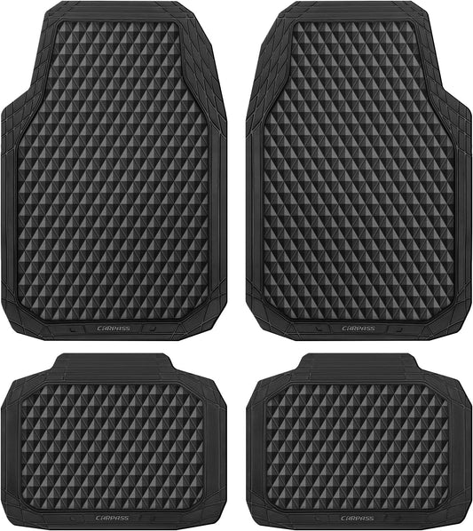 CAR PASS Black Rubber Car Mats, All-Weather Floor Mats Full Set Durable Anti-Slip 3D Rhombus Waterproof Automotive Pad Trim to Fit Liner Universal Fit for Sedan SUV Truck Van, 4 Pcs All Black Rubber