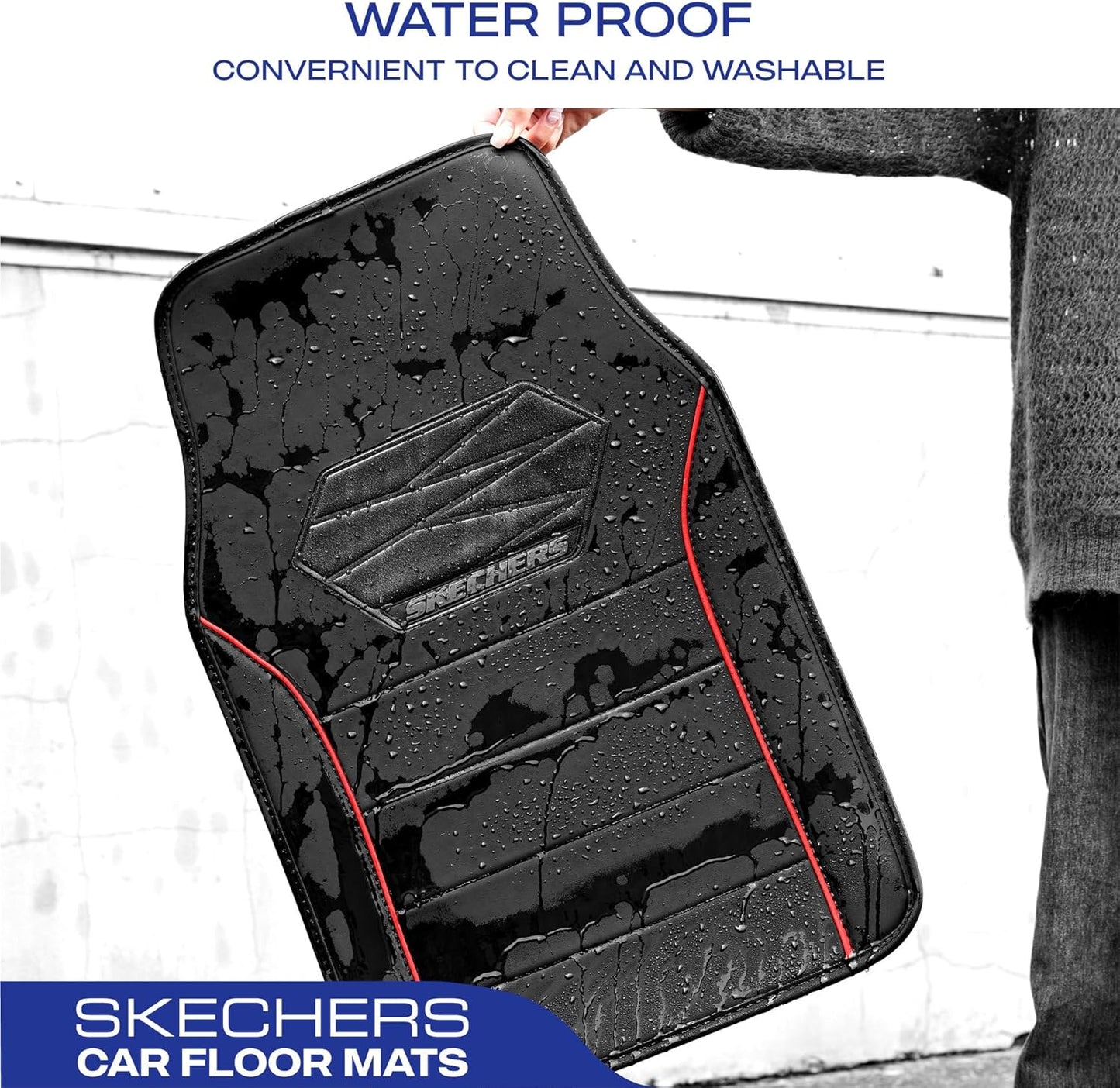 Skechers Memory Foam Car Mats,Leather Piping Floor Mats with Anti-Slip Pad,Universal Waterproof Fit Automotive Floor Mats for SUV,Vans,sedans,Trucks,Full Set 4pcs Red