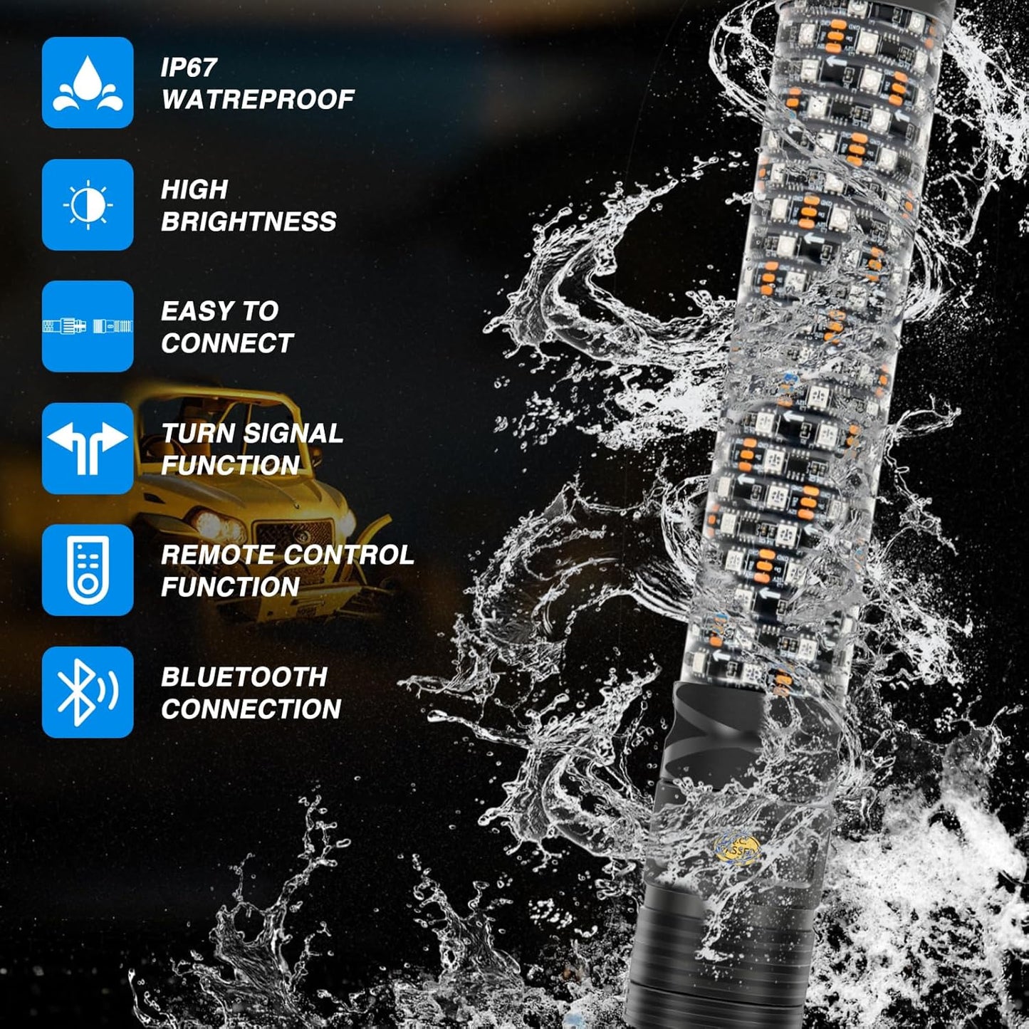 DREAMIZER 2PCS 2FT Fat Whip Lights 360°Spiral Chase Offroad Warning Lighted Antenna LED Whips Side by Side with Turn Signal Brake Reserving Lights for UTV ATV RZR Can-Am SXS Polaris Offroad Truck