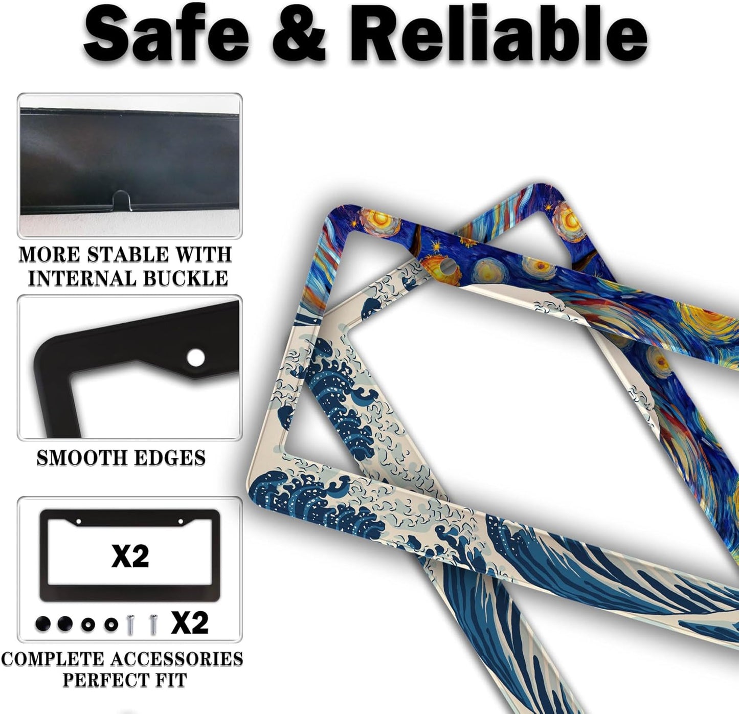 Car Plate Frames for Women Multicolor License Plate Protector for Men Starry Night Big Wave Aluminum Metal Car Accessory 2 Pack with Screw Covers Set