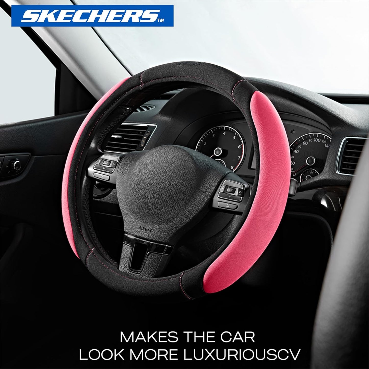 Skechers Pink Steering Wheel Cover, Memory Foam Car Steering Wheel Cover,14.5-15inch Anti-Slip Safety Comfortable Desgin, Universal Accessory for Diverse Cars, Truck,SUV (Black & Pink)