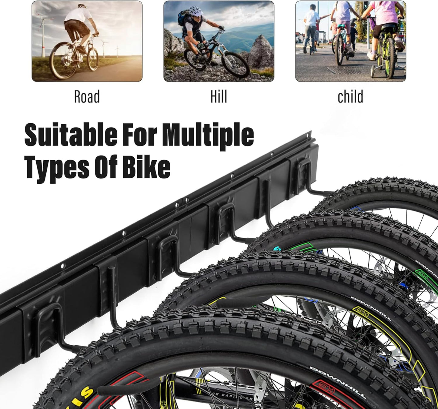 Sinoer Bicycle Wall Rack, Wall Mount for 4 Bicycles + 2 Helmets, Tool Storage Hook Adjustable for Garage or Home, Vertical Bicycle Hanger (Inner Width: 90 mm) - 2 Rails