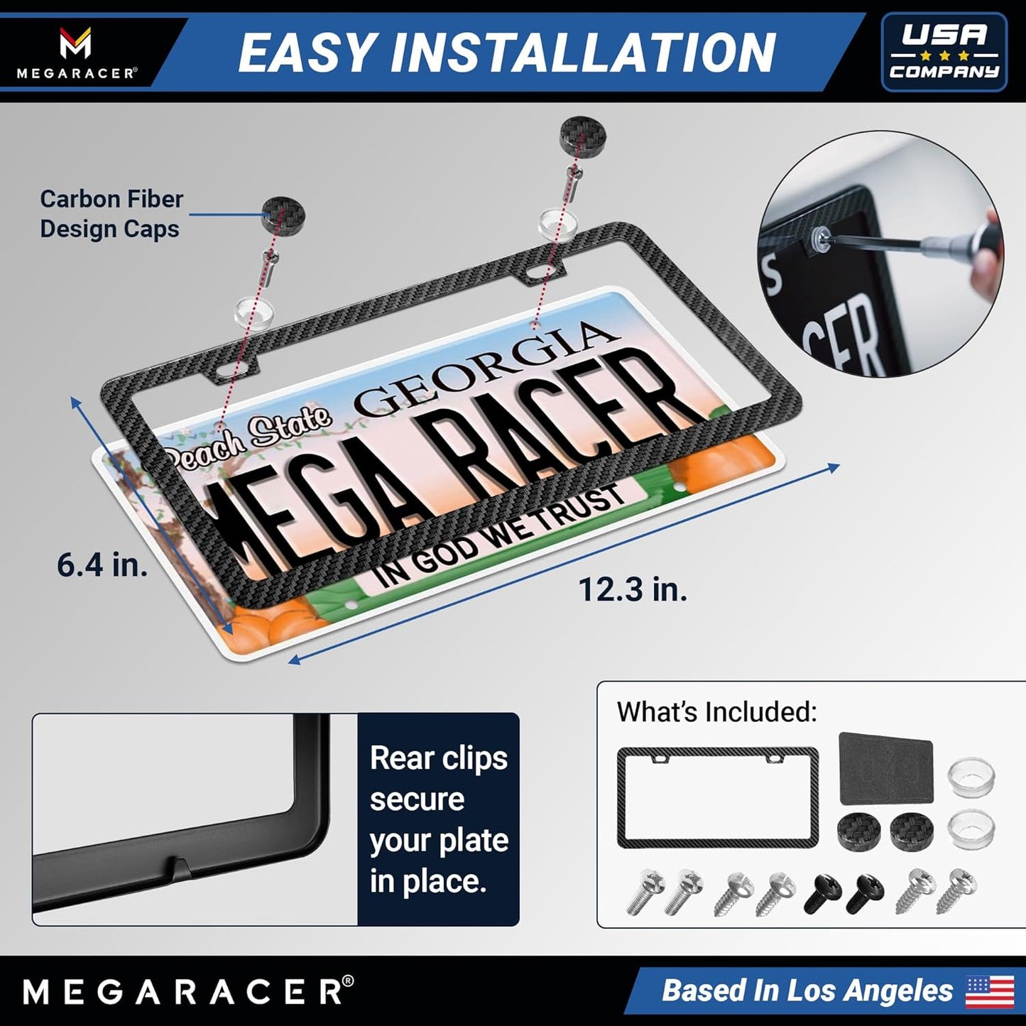 Premium Slim Carbon Fiber Design License Plate Frame – 1 Pack, Rust-Free Stainless Steel & Rattle-Free, Street Legal, Universal with Screw Caps Cover, Thin Metal Front or Rear Car Tag Holders for Men