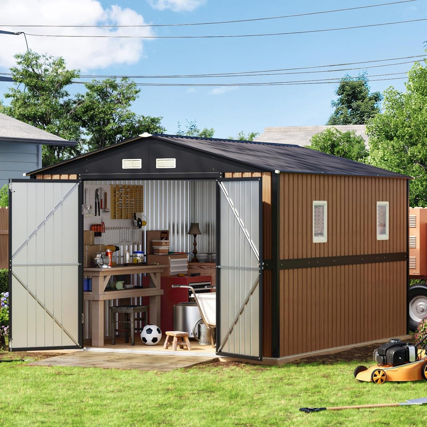 10X12 FT Outdoor Steel Storage Shed with Lockable Doors, 2 Windows, Garden Shed with Metal Frame Floor, Ideal for Backyard, Patio Storage,Chicken Coop(Wood Panels Not Included)