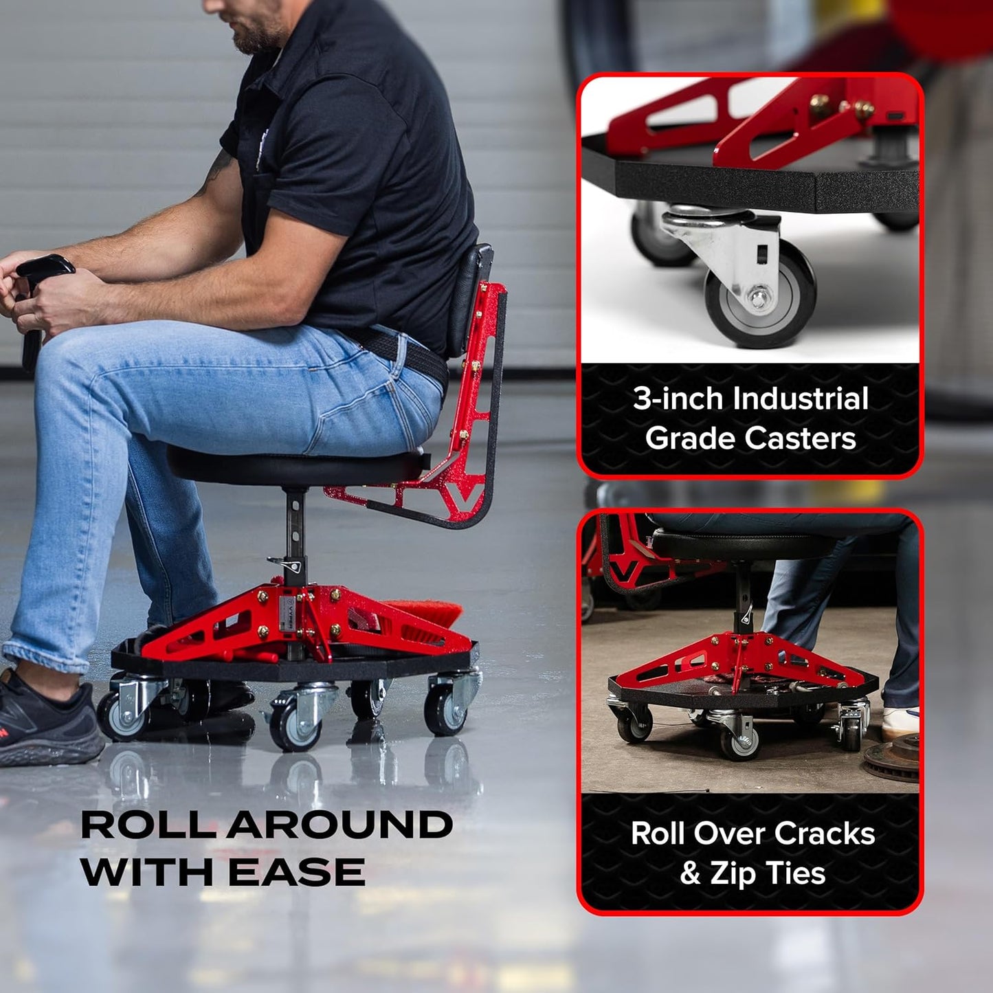 Vyper Robust Steel Sport Shop Chair for Mechanics, Automotive, DIY - 300 lb Capacity Garage Stool with Backrest & Large Wheels (Black Seat, Red Frame)
