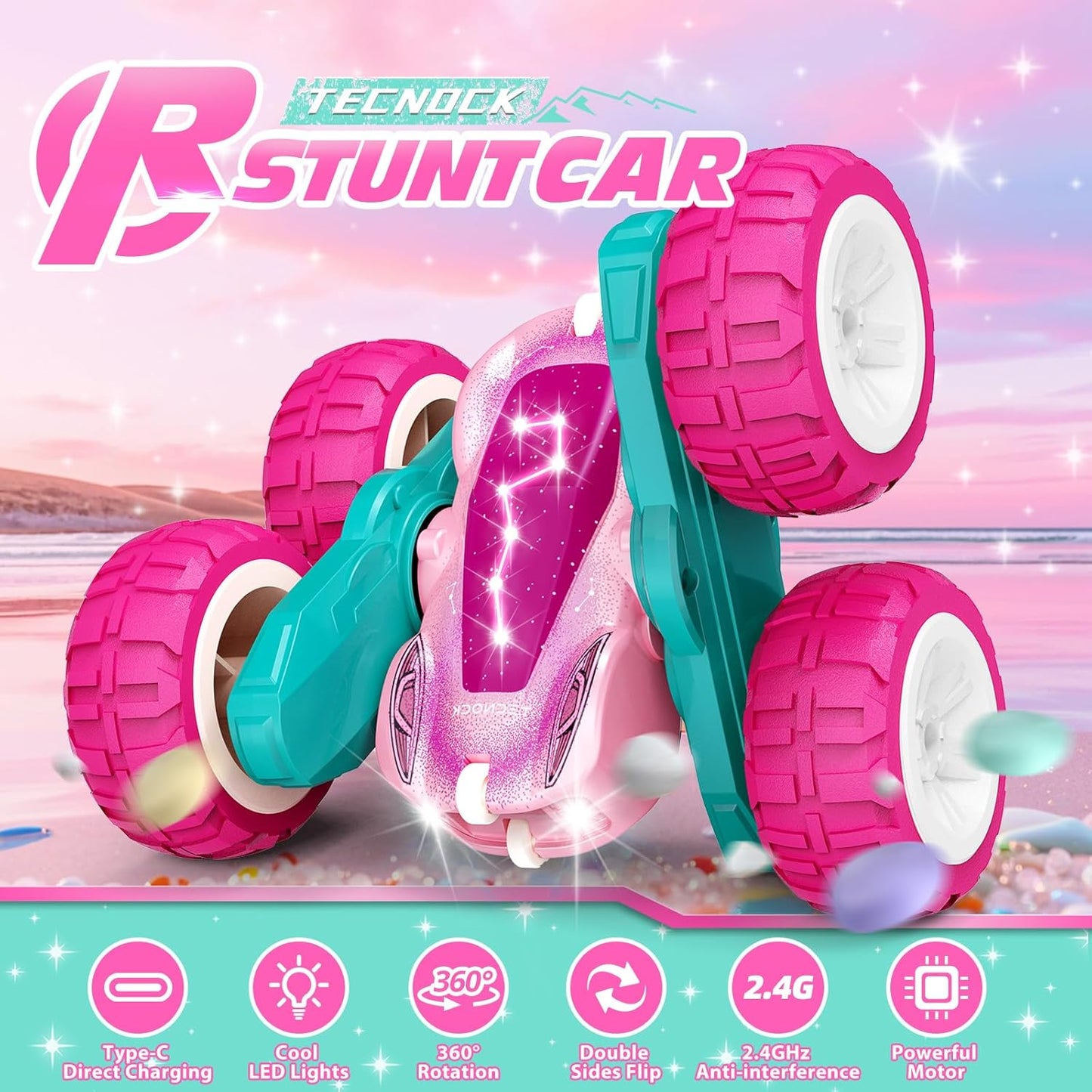Tecnock Pink Remote Control Car for Girls and Boys, 2.4GHz RC Cars with USB-C Easy Charging, 4WD Double Sided 360° Rotates and Flips RC Stunt Car, Toys Gift for Kids