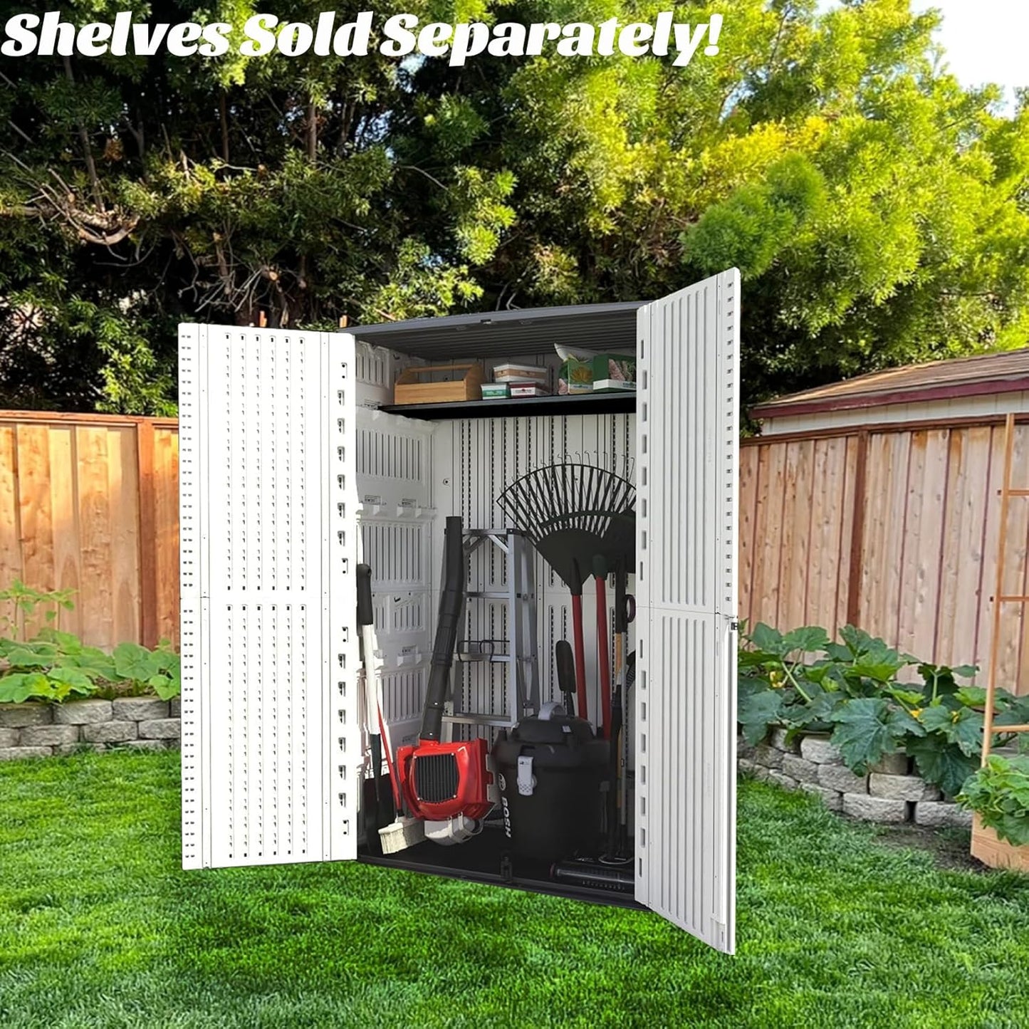 ADDOK Vertical Outdoor Storage Shed with Floor, 54 Cu Ft Outdoor Storage Cabinet with Lockable Double Doors, All-Weather Durable Plastic Construction for Patio, Backyard, Lawn and Garden, White