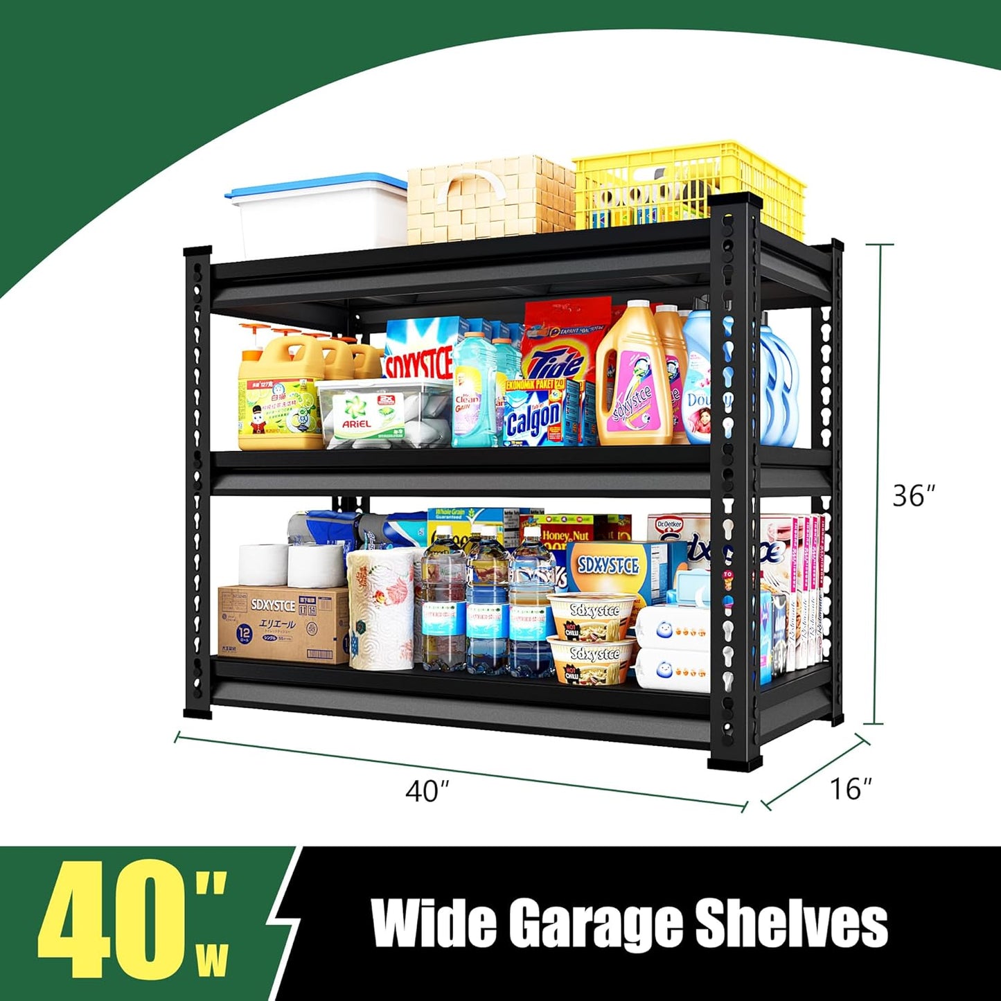40" W Garage Shelving Heavy Duty, 1350LBS Loads Shelving Units and Storage Racks, 3-Tier Metal Garage Storage Shelves, Industrial Utility Shelf Heavy Duty,40" Wx16 Dx36 H, Black