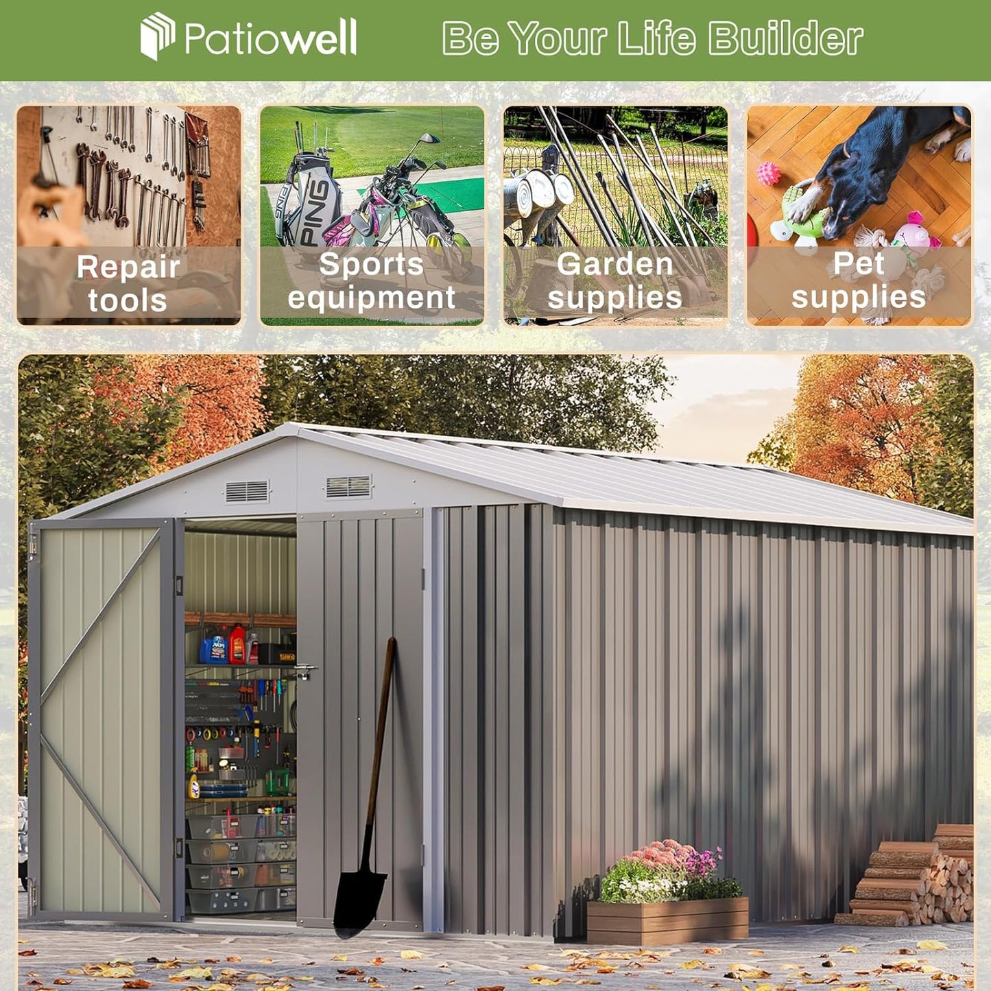 Patiowell 8x10 FT Outdoor Storage Shed with Floor Frame, Large Garden Tool Metal Shed with Sloping Roof and Double Lockable Door, Outdoor Shed for Backyard Garden Patio Lawn,Grey