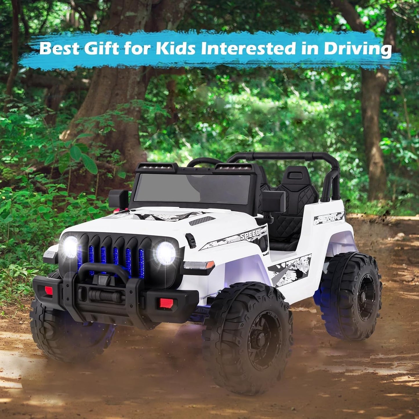 INFANS Kids Ride on Car Truck with 2.4G Remote Control, 12V Battery Powered Electric Cars for Kids w/3 Speeds, Battery Display, LED Lights, Safety Belt, Music & Horn, Bluetooth/FM/USB (White)