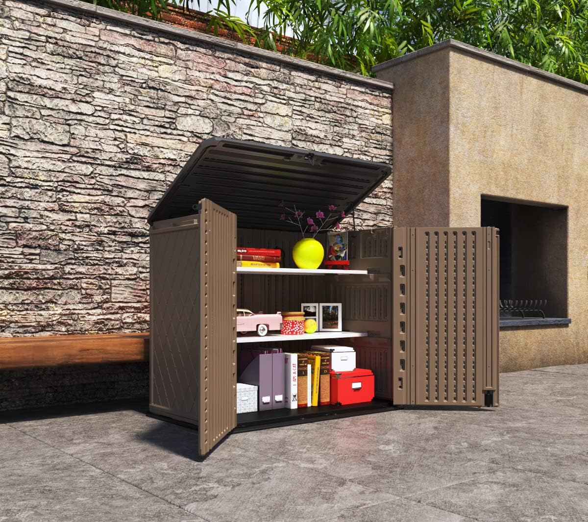 Horizontal Resin Storage Shed, 34 Horizontal Cu.ft Outdoor Storage Cabinet Waterproof for Garden/Backyard/Home/Pool, Lockable(34 Cu.ft-Brown)