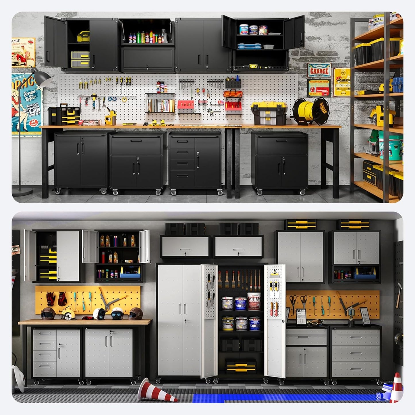 Metal Tool Cabinet,Garage Storage Cabinet System,Wall Cabinet & Locking Rolling Tool Cabinet with Doors and Adjustable Shelves,Steel Tool Cabinets for Home,Office (4 Pcs-StyleC, Black)