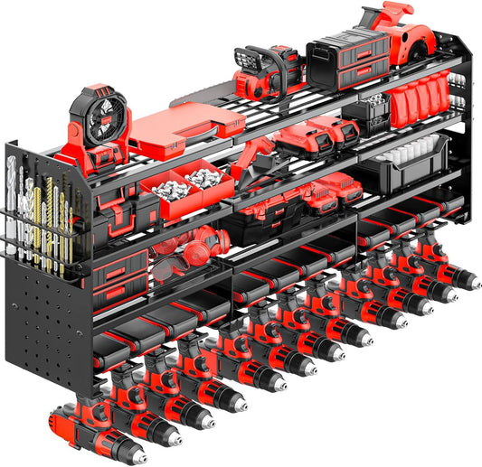 Large Power Tool Organizer Wall Mount-12 Drill Holder, Metal Heavy Duty Garage Tool Storage Shelves with Screwdriver Plier Holder, Gifts Idea for Men Dad Husband