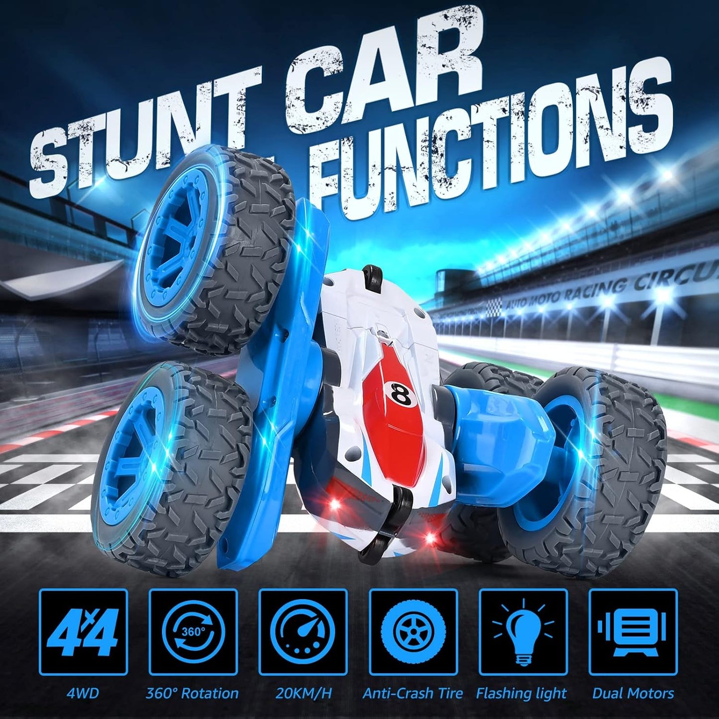 Remote Control Car, 4WD RC Cars Stunt Double Sided 360° Rotating 2 Batteries 2.4Ghz RC Truck with Headlight Birthday Gift for Boys 3 4 5 6 7 8 Year Old