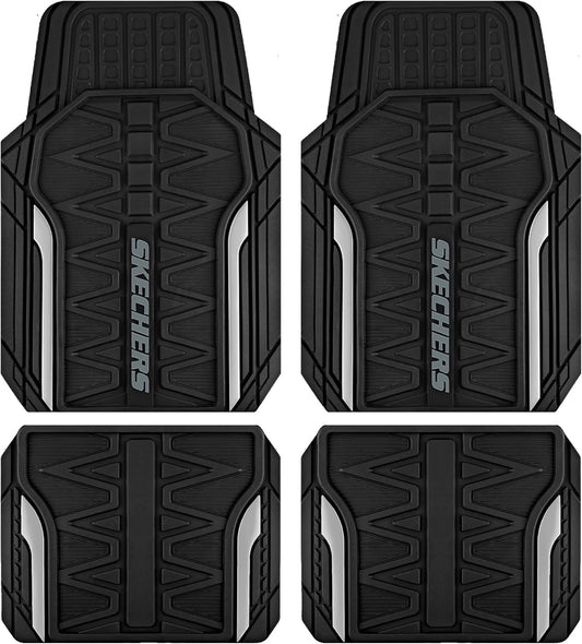 Skechers Heavy Duty Rubber Car Mats Full Set, All Weather Floor Mats, Waterproof Trim to Fit Universal Floor Liner, Automotive Floor Mats for Cars Trucks SUV, Sliver