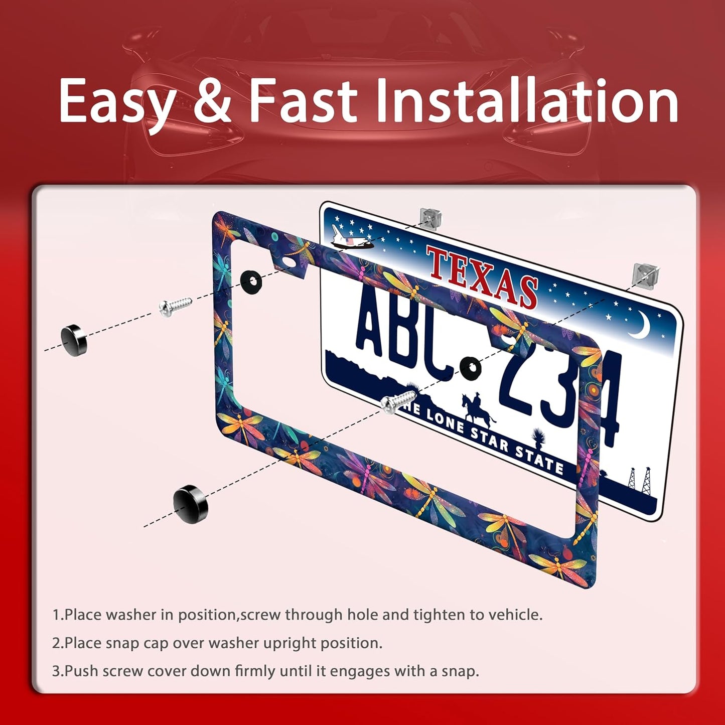 Dragonflies License Plate Frame Funny Dragonfly License Plate Frames Stainless Steel Accessories Cars Decor with 2 Holes and Screws Fits Standard Us Ca Vehicles License Plate Holder 12.2 X 6 Inch