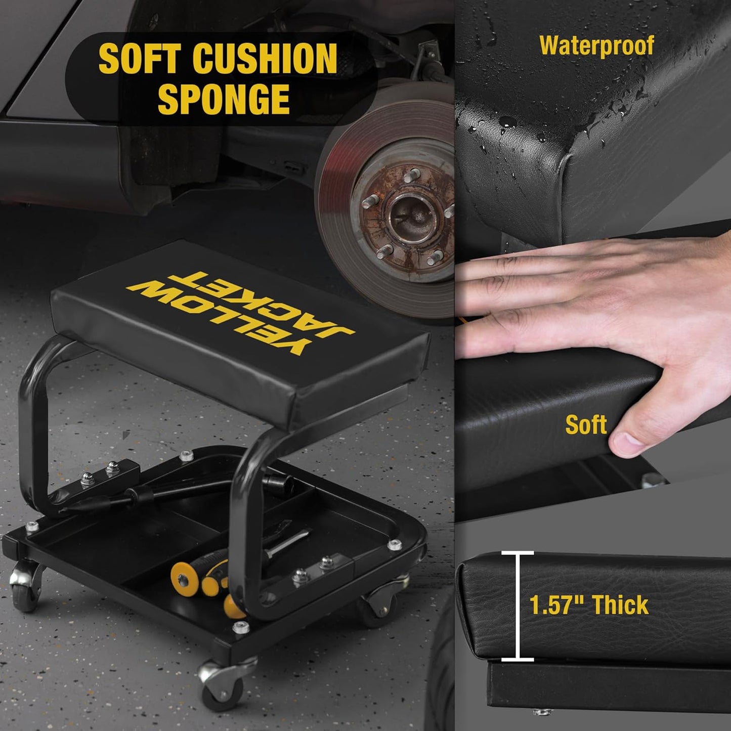 YELLOW JACKET Mechanic Rolling Stool 250 Lbs Capacity, Garage Stool on Wheels with Tool Tray Storage, Work Stools with Wheels for Garage, Shop, Mechanic Chair with Wheels, Auto Repair