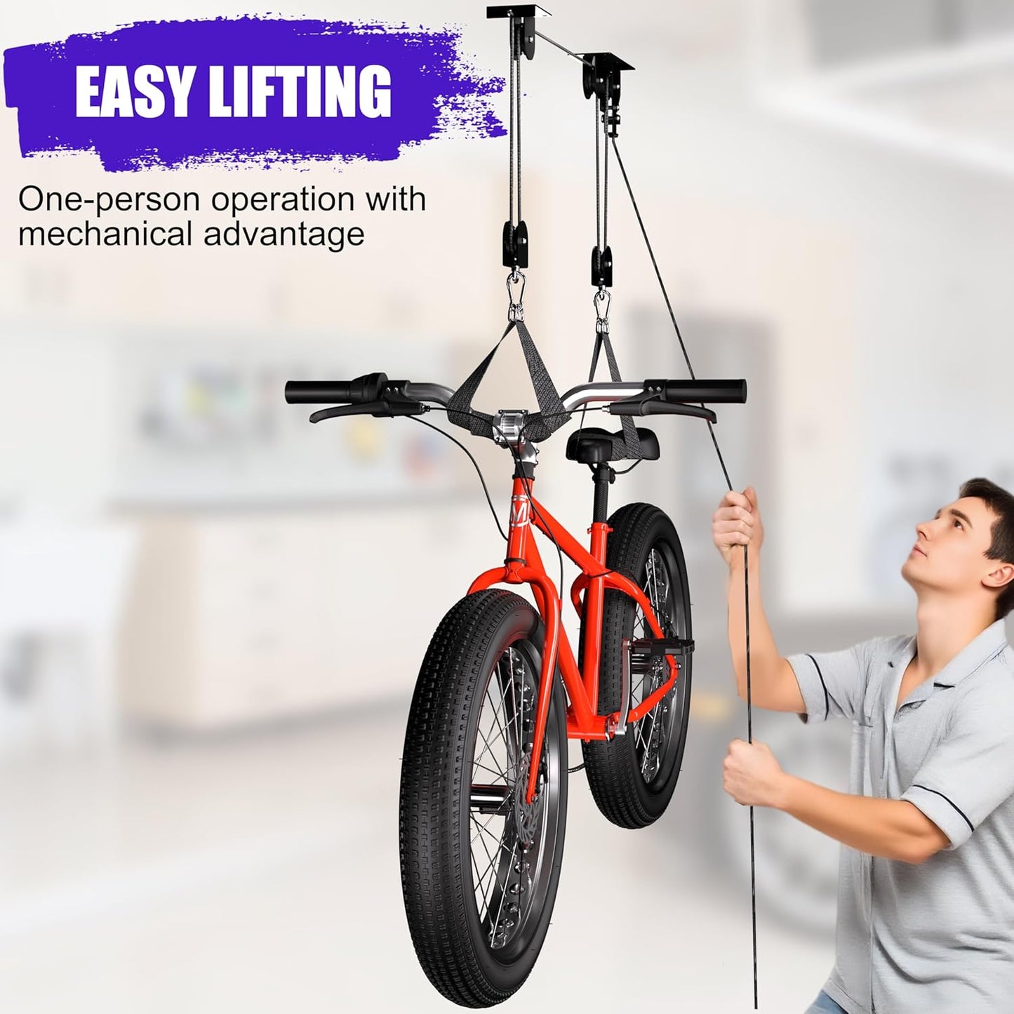2 Pack Bike Hoist, Heavy Duty Bike Pulley System for Garage Ceiling Bicycle Hanger, Bike Lift Overhead Storage Holds Up to 85 lbs Capacity, Fit 10-16 Foot Ceilings, Black