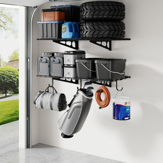 FLEXIMOUNTS 2-Pack 2x4ft Garage Shelving with Hooks, 24-inch-by-48-inch Wall Shelf Garage Storage Racks Floating Shelves, Black
