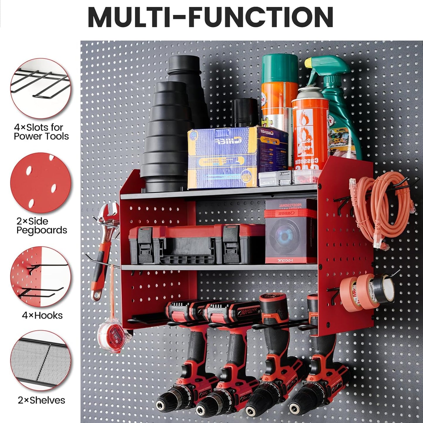 TRZZ Power Tool Organizer Wall Mount, 3-Layer Drill Holder with 2 Side Pegboards, Cordless Drill Rack with 4 Hooks, Efficient Storage for Workshop, Garage, and Tool Room (Red)