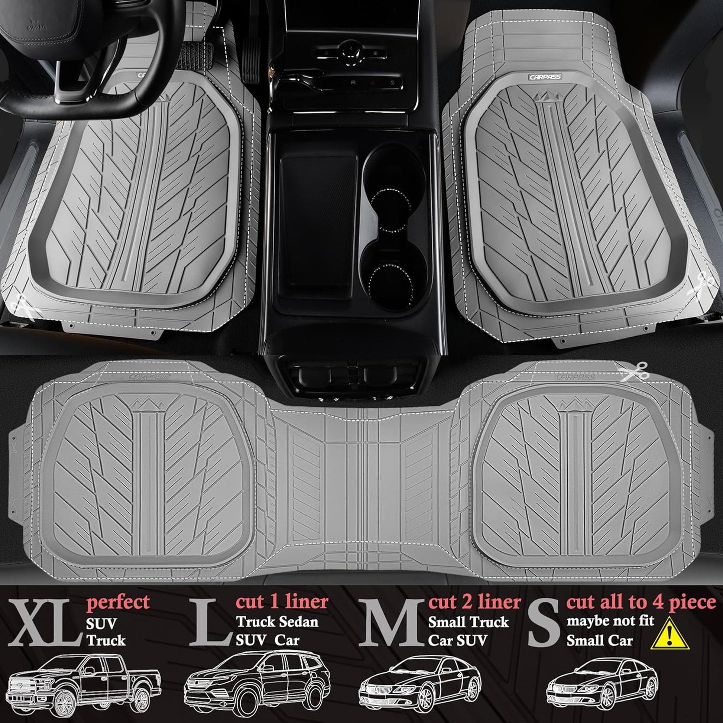 CAR PASS Deep Dish Rubber Floor Mats for Cars Full Set,Heavy Duty Car Mats,Universal Waterproof Trim-to Fit Automotive Floor Mats for Truck Van SUV, Durable All-Weather Car Mats 3-Piece (Light Gray)