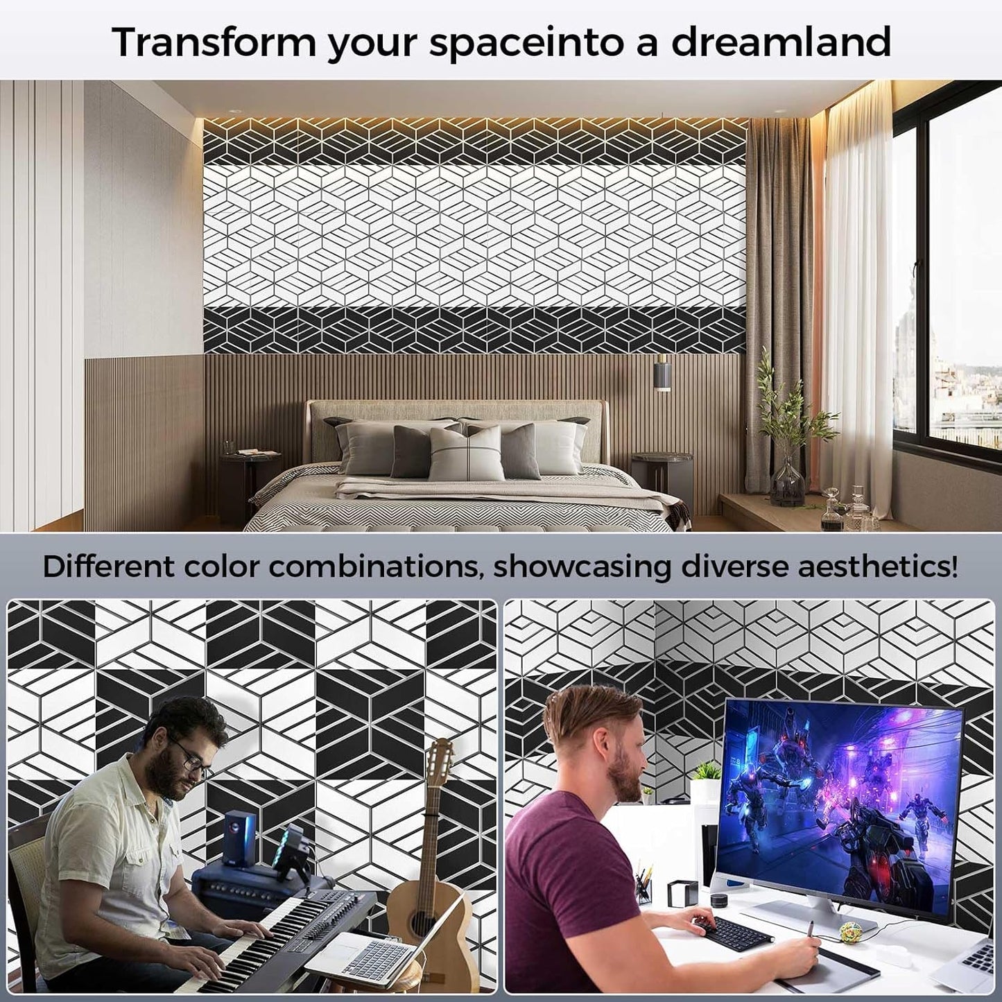 12 Pack 2-Layer Soundproof Wall Panels, 12 x 12 x 0.43 in Sound Proof Foam Panels for Walls, 1.1lb/ft* High Density, Thicker 0.43 in, 3D Acoustic Panels,Artistic Noise Dampening Panels Black&White