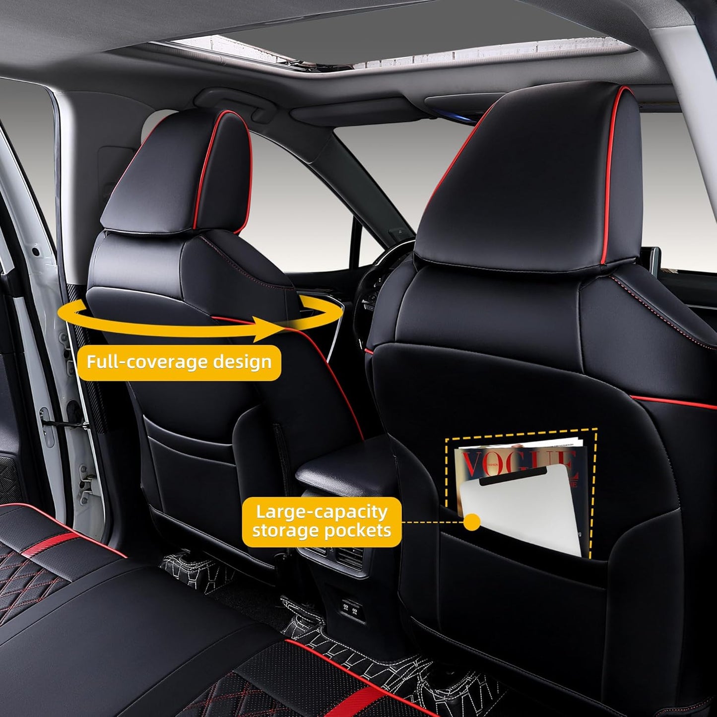 Custom Fit RAV4 Seat Covers for 2019-2025 Toyota RAV4 LE,XLE,XLE Premium,Limited Full Coverage Waterproof Leather Car Seat Covers Full Set (Black with Red Trim)