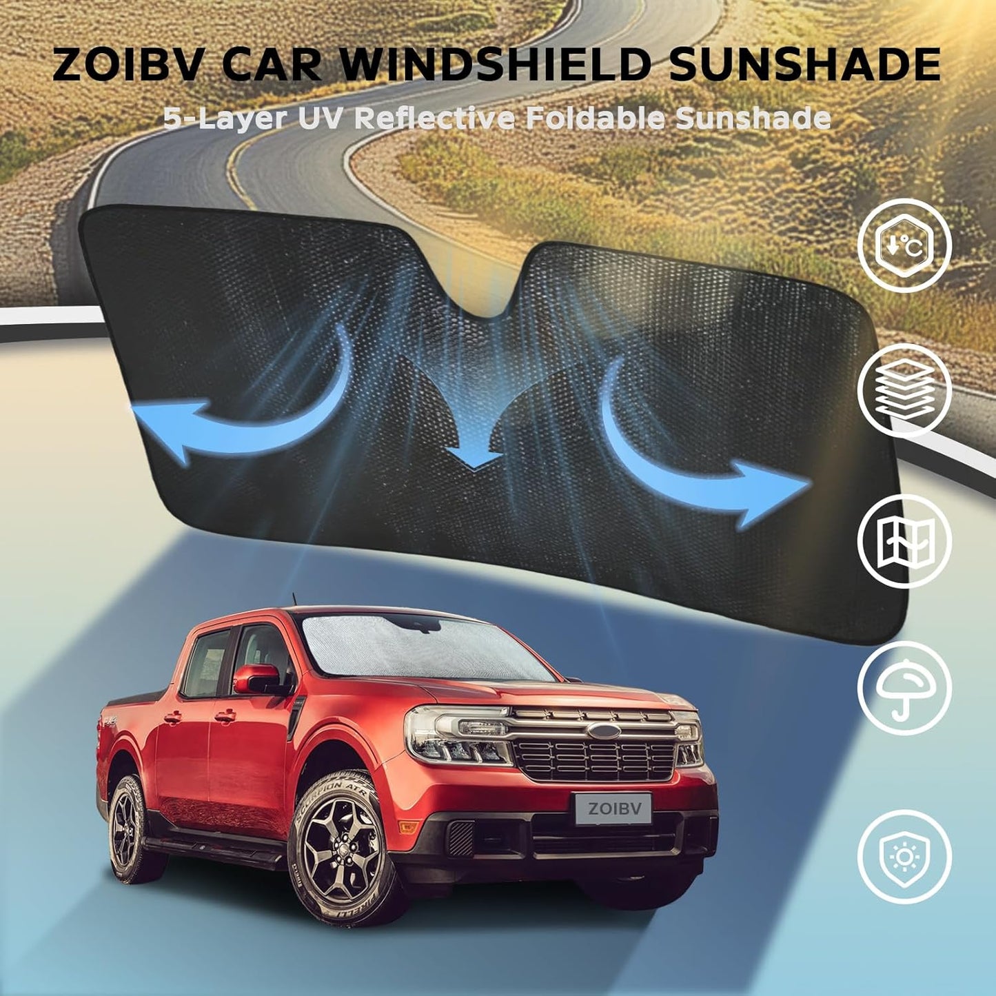 Windshield Sun Shade for Ford Maverick 2022-2025 - 5-Layer Bubble Foldable Front Window Shade Sun Visor Accessories - Blocks Heat & UV Rays