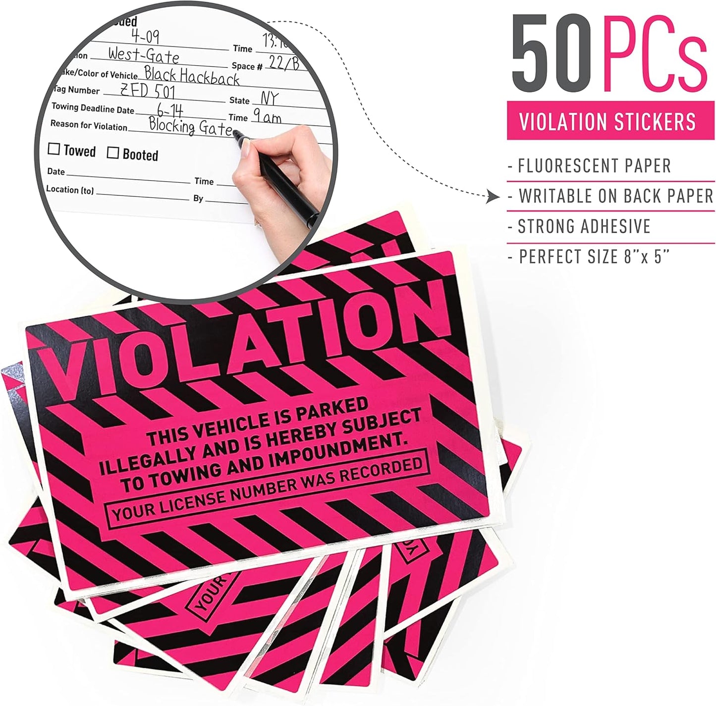 easykart labels 50 Parking Violation Stickers,5 x 8 inch “Violation - Vehicle Illegally Parked, Subject to Towing/Impoundment” Parking Violation Stickers with Permanent Adhesive, Fluorescent