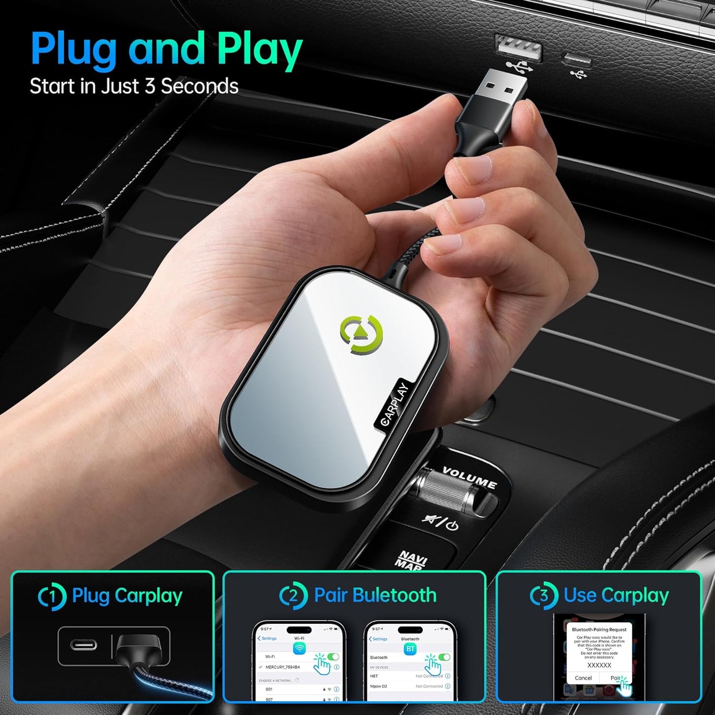 Wireless CarPlay Adapter for Apple iPhone, Converts Factory Wired CarPlay to Wireless CarPlay 2024 Upgrade Plug & Play Auto Connect for Cars from 2015 & iPhone iOS 10+ Black Not for Tesla & Andorid
