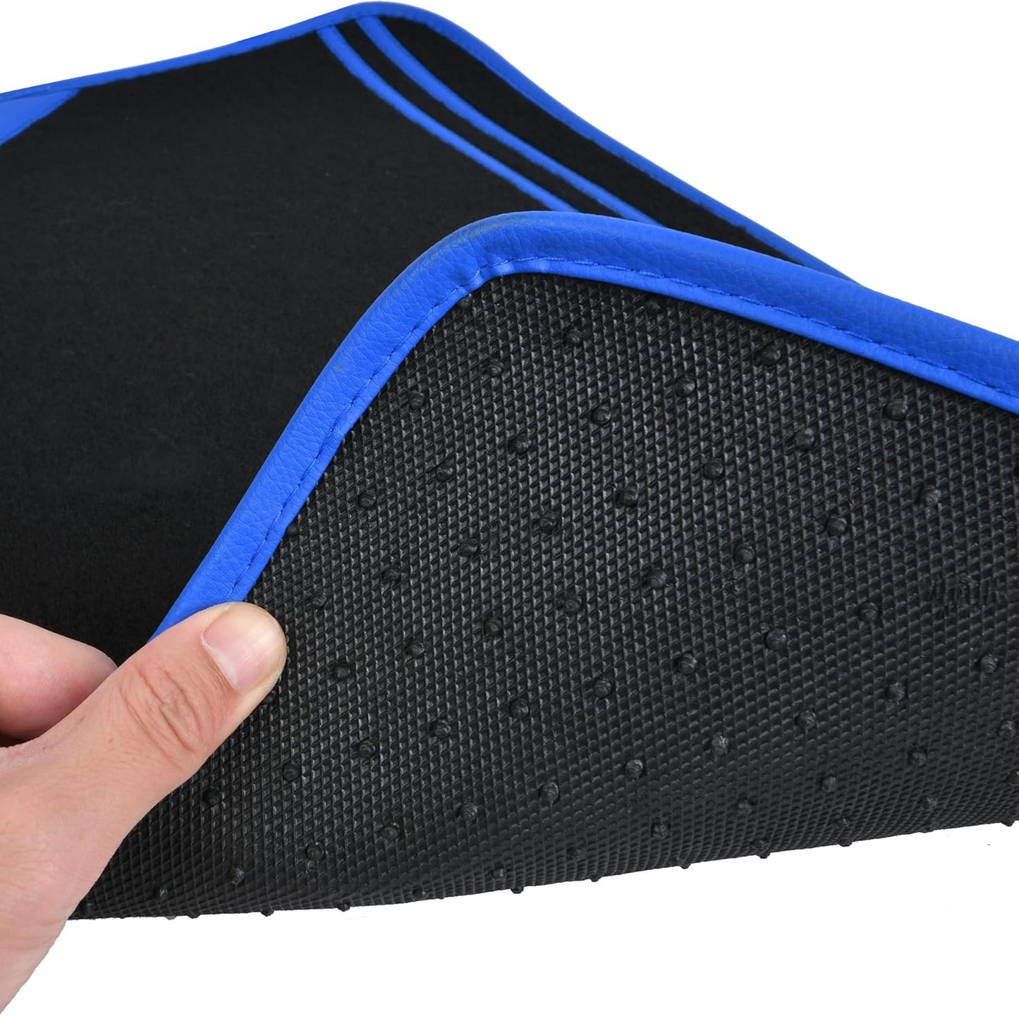 CAR PASS Faux Leather Car Mats Blue Edge Waterproof Car Floor Mats Car Carpet Mats 4 Pieces with Double Stitch Line Anti-Slip Backing Design, Universal Fit for Most Vehicles,SUVs,Sedan,Vans