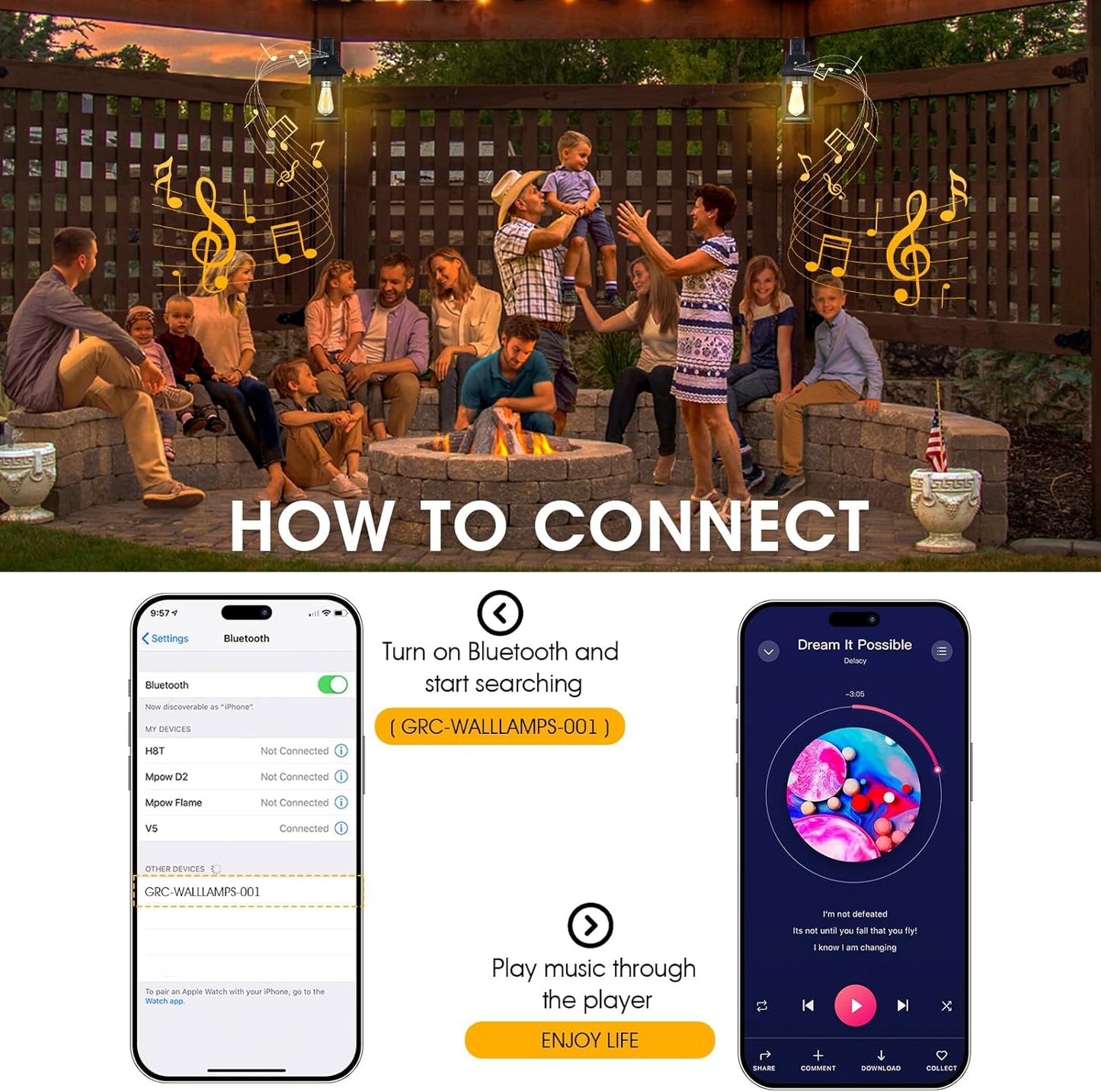 2PACK Bluetooth Speaker Outdoor Wall Lights - Porch Lights Outdoor with Dusk to Dawn Sensor, Waterproof Exterior Lighting Fixtures for House, Garage, Front Door, E26, Black