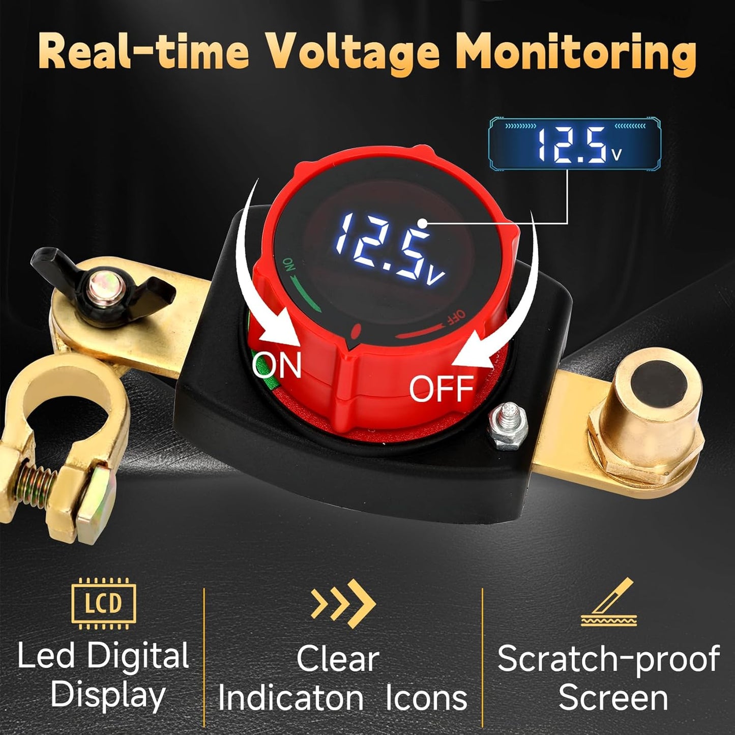 Top Post Battery Disconnect Switch with Voltmeter, DC 5-60V Battery Kill Switch Master Isolator On Off Kill Switch Power Cut/Shut Off Switch for Boat Car RV Truck Camper Trailer