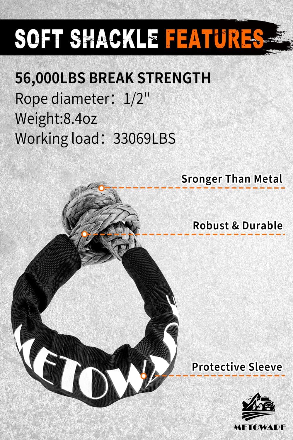 Metoware Kinetic Recovery Rope Kit with 2 Soft Shackles, 56000lbs, 1.25'' X 30FT, Heavy Duty Tow Rope for UTV, ATV, Truck, Tractor