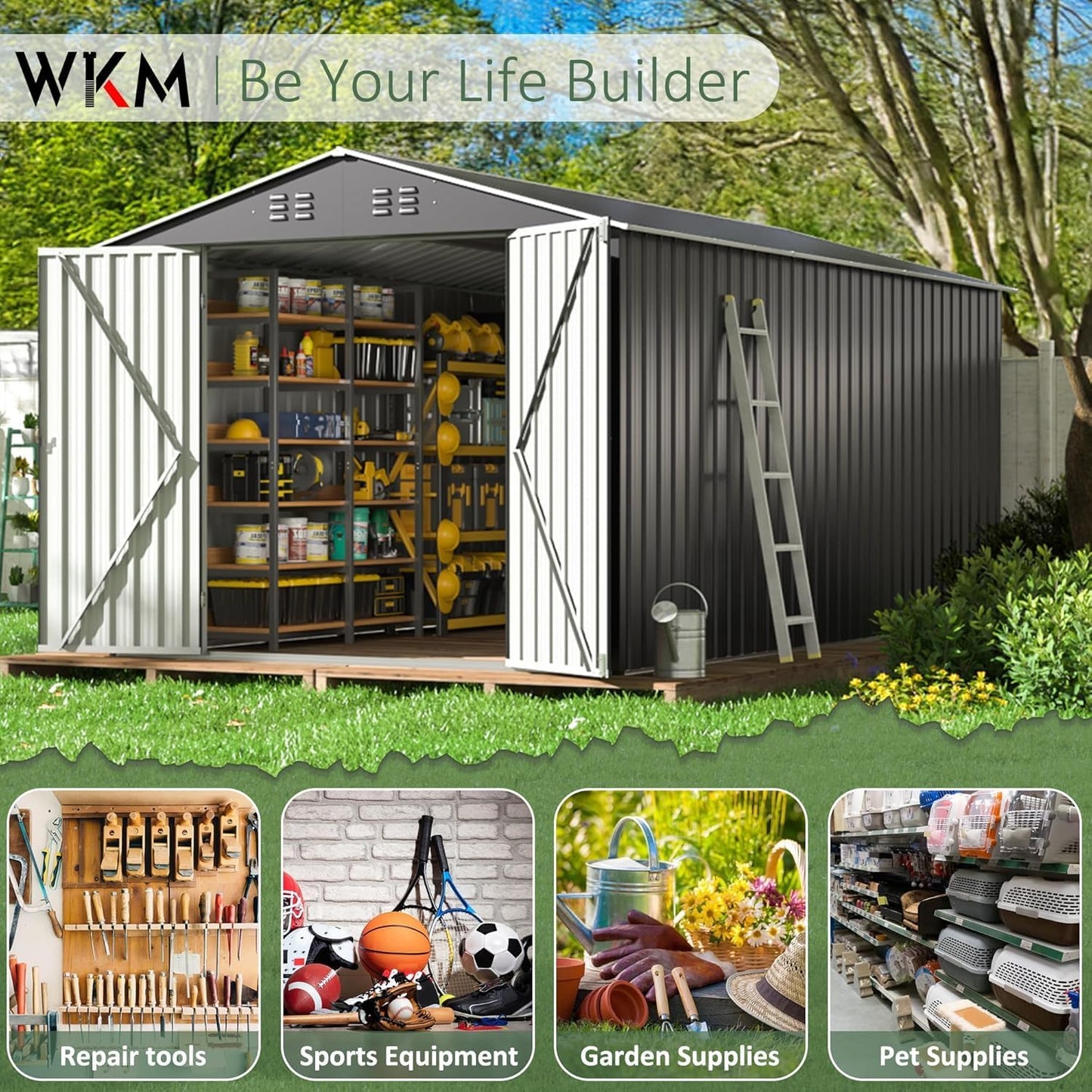 WKM 8X12 FT Outdoor Storage Shed, Utility Metal Tool Storage with Lockable Doors and Updated Frame Structure, Metal Garden Shed for Backyard, Patio Lawn, Black