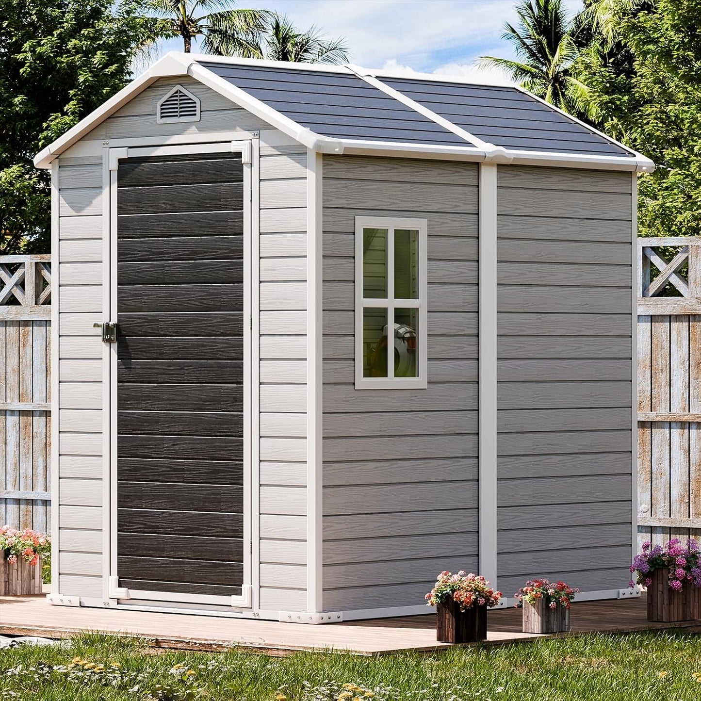 6x4 FT Resin Storage Shed for Outdoor, Waterproof Plastic Sheds with Floor Window Door Inlcuded, Outside Tool Storage for Garden Backyard Patio Lawn, Gray