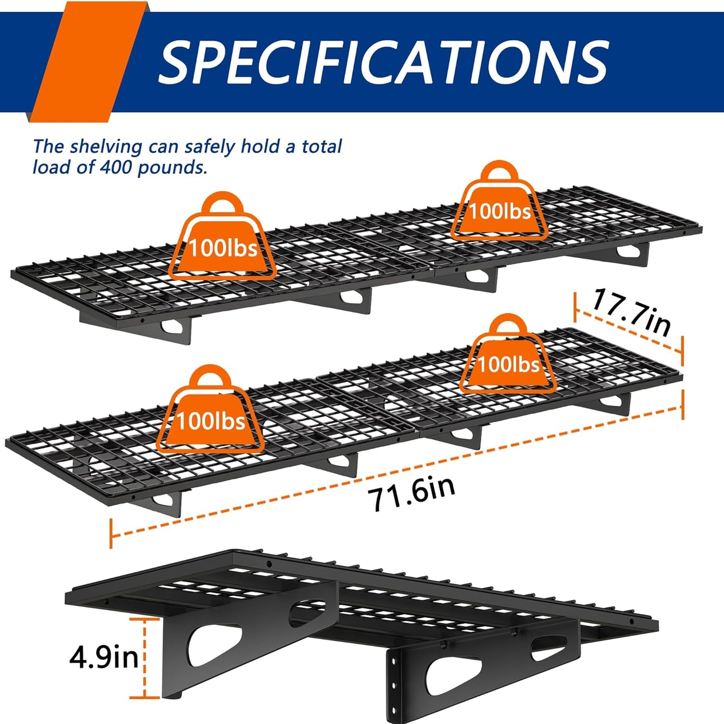 4-Pack 1.5x3FT Garage Shelving 17.7-inch-by-35.8-inch Wall Shelf Garage Storage Rack Wall Mounted Floating Shelves,Black