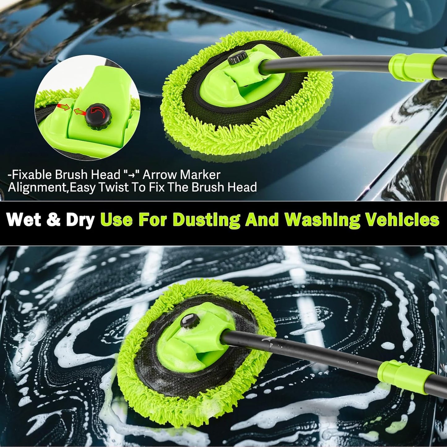 Car Wash Brush with Long Handle - 15° Curved Extendable Car Wash Mop,Soft Car Washing Brushes with Extra Microfiber Mop Head for Truck SUV Cleaning Not Hurt Paint Scratch Free