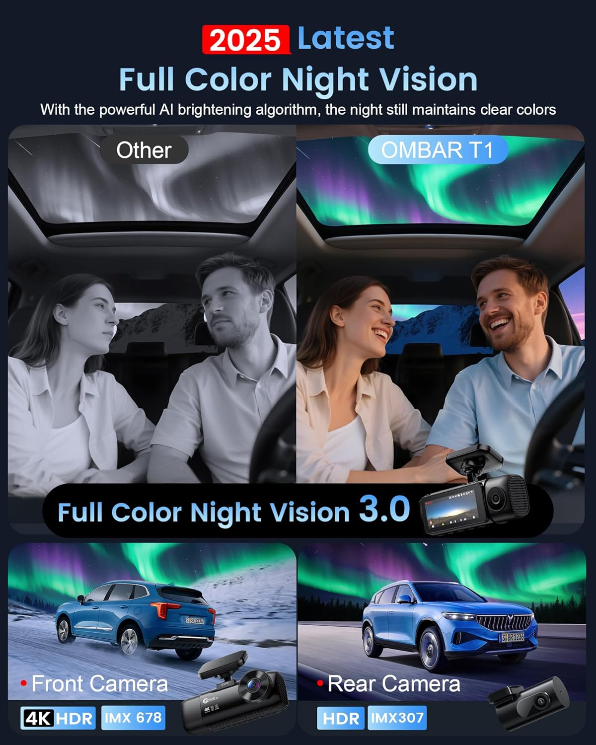 OMBAR T1 4K 3 Channel Dash Cam, STARVIS 2 IMX678 Sensors, Free 128GB Card, 2025 New Full Color HDR Night Vision, 4K+1080P+1080P Triple Car Camera,5G WiFi, 24H Parking Mode, Support 512GB Max