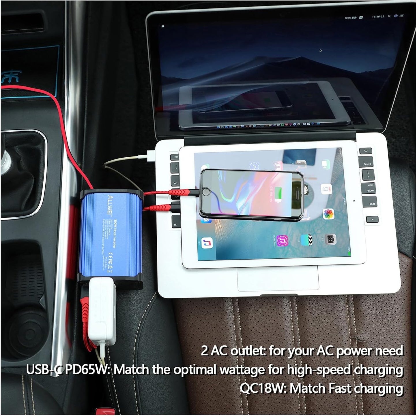 ALLWEI 300W Car Power Inverter DC 12V to 110V AC Power inverters for Vehicles Converter USB-C PD65W/18W USB Fast Charging Ports Car Charger Adapter (Blue)