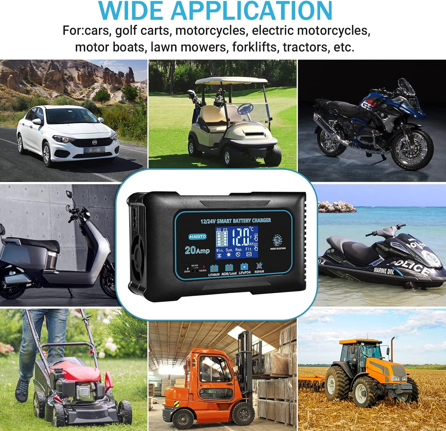 Haisito: 20A 12V/24V Smart Battery Charger –Automatic Maintainer, Trickle Charger & Desulfator with Overcharge Protection & Temperature Compensation – for Lead-Acid,LiFePO4 & Lithium Batteries