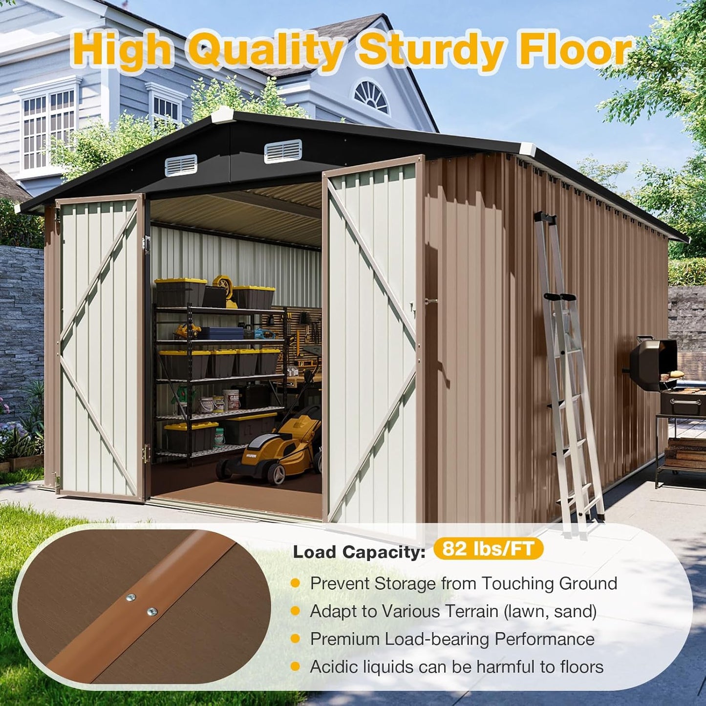 10x12 FT Outdoor Storage Shed with Floor & Lockable Double Doors, Heavy-Duty Galvanized Steel Outdoor Metal Shed for Bike, Tool, Generator Storage in Backyard, Patio (10’x12’, Floor)
