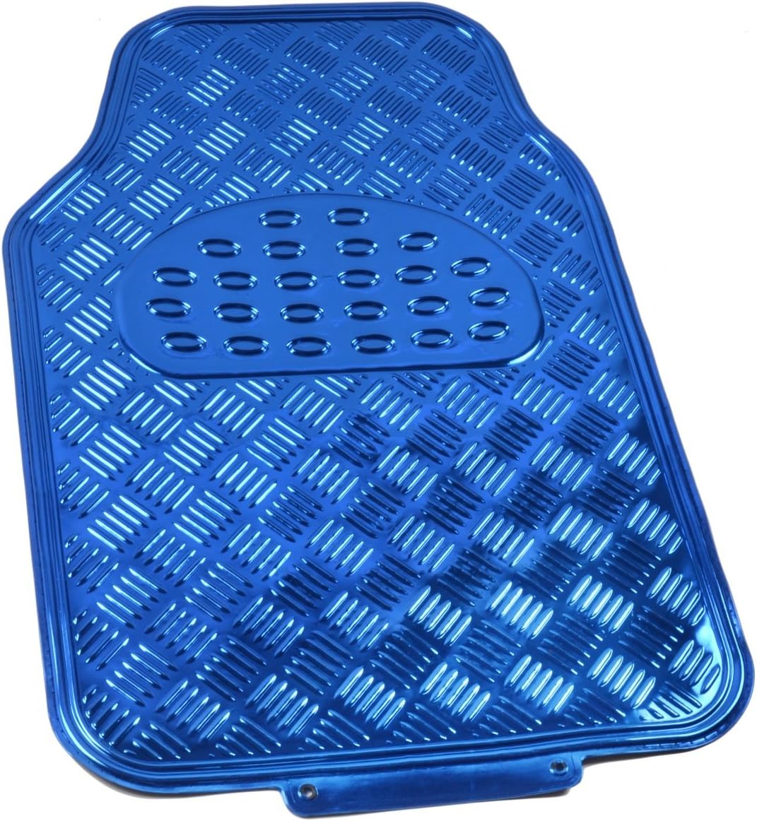 BDK 4-Piece All-Weather Universal Fit Front & Rear Floor Mats for Cars Trucks SUVs Vans, All-Weather Easy-to-Clean Diamond Metal Pattern Durable Heavy Duty Non-Slip Protection - Metallic Blue
