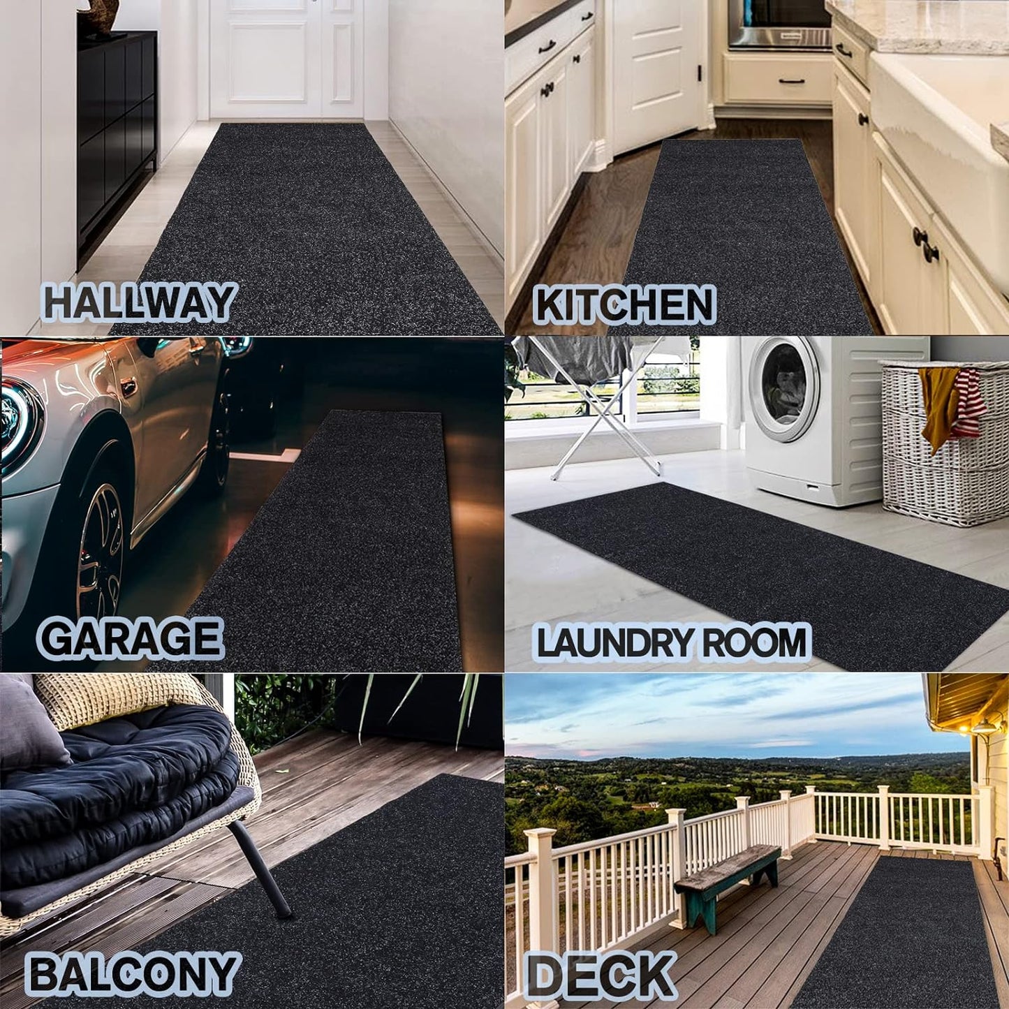 Custom Size Backed Non-Slip Area Rugs Runner, Easy Clean, Waterproof Runner Rugs for Hallway Entryway, Kitchen, Laundry, 2FT x 30FT, Black