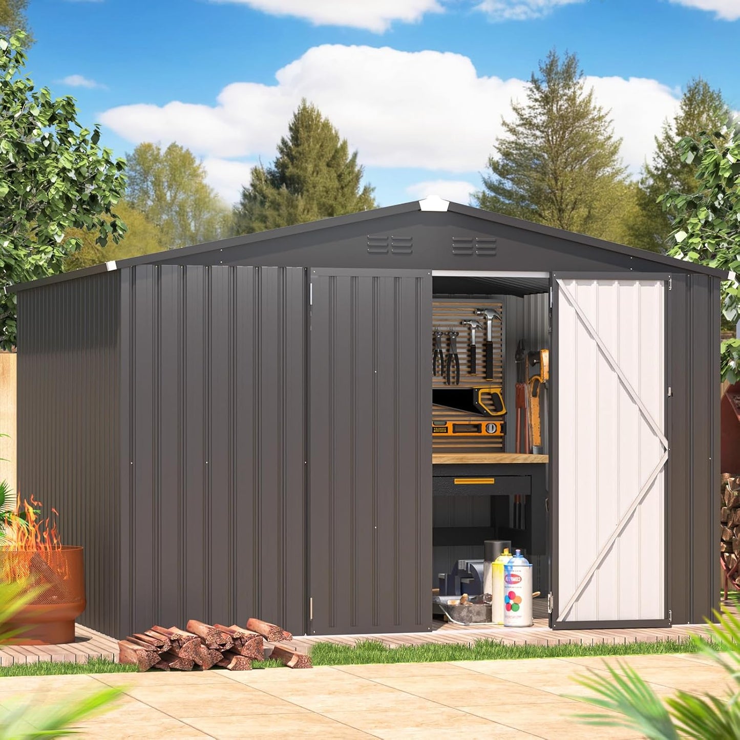 AECOJOY 10' x 8' Shed, Outdoor Metal Storage Shed, Dark Grey Sheds & Outdoor Storage 8x10 Clearance, Steel Yard Shed with Lockable Doors, Utility and Tool Storage for Garden, Backyard, Patio, Outside