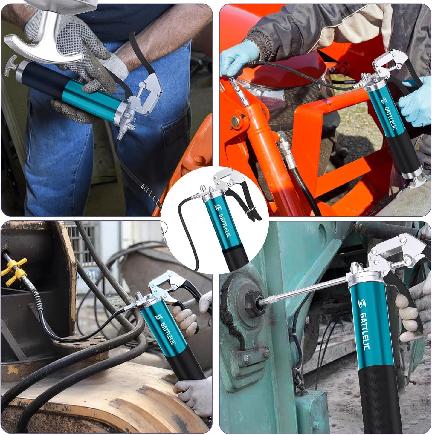 8000 PSI Heavy Duty Grease Gun Kit - 14oz with Flex Hose, Sharp Nozzle, Extension Pipe & Coupler, Blue