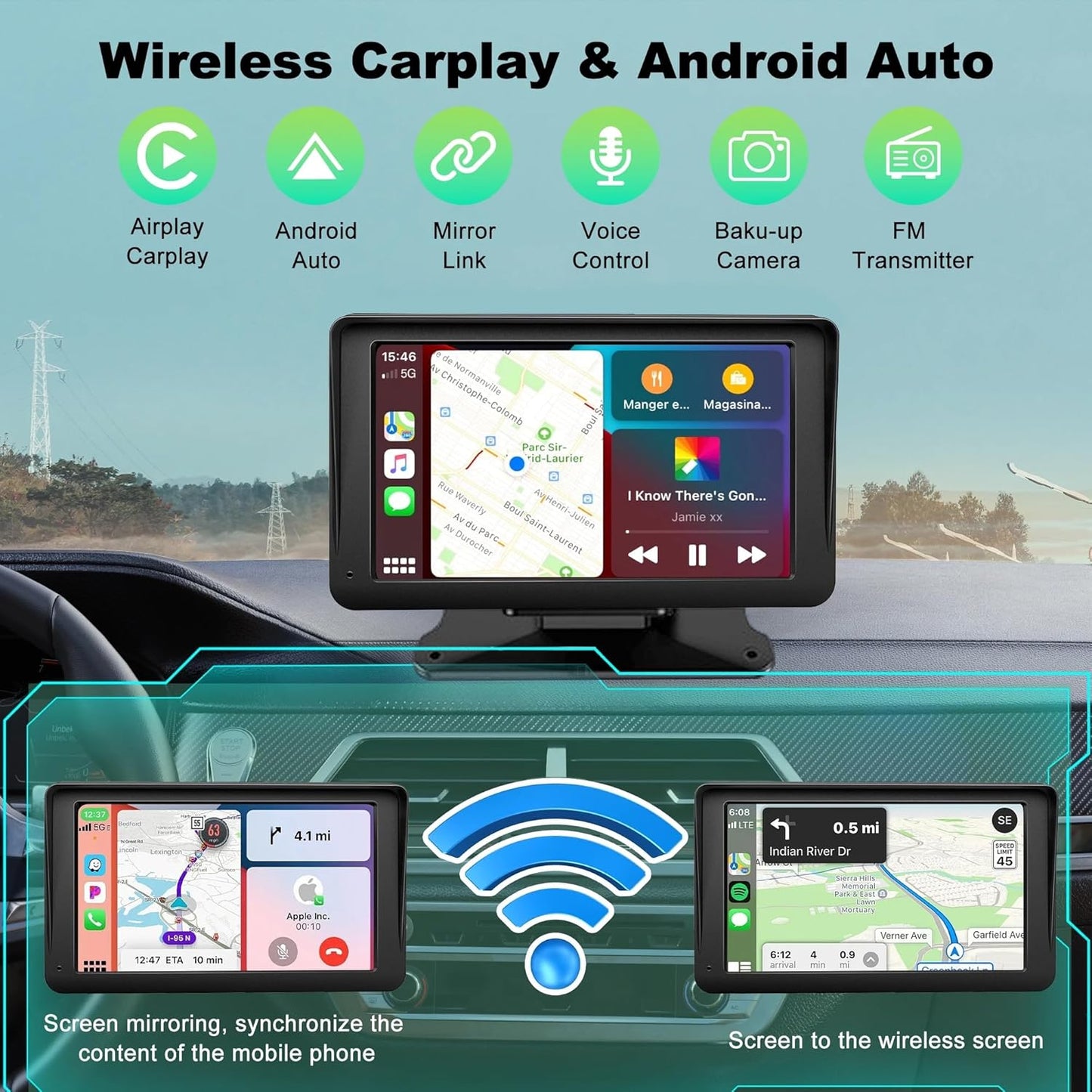Apple Carplay Screen for Car, 7" HD Portable Wireless Touch Screen for Apple Carplay & Android Auto, with 1080P Backup Camera, Car Play Tablet, GPS Navigation/Mirror Link/Bluetooth/FM/Voice Control