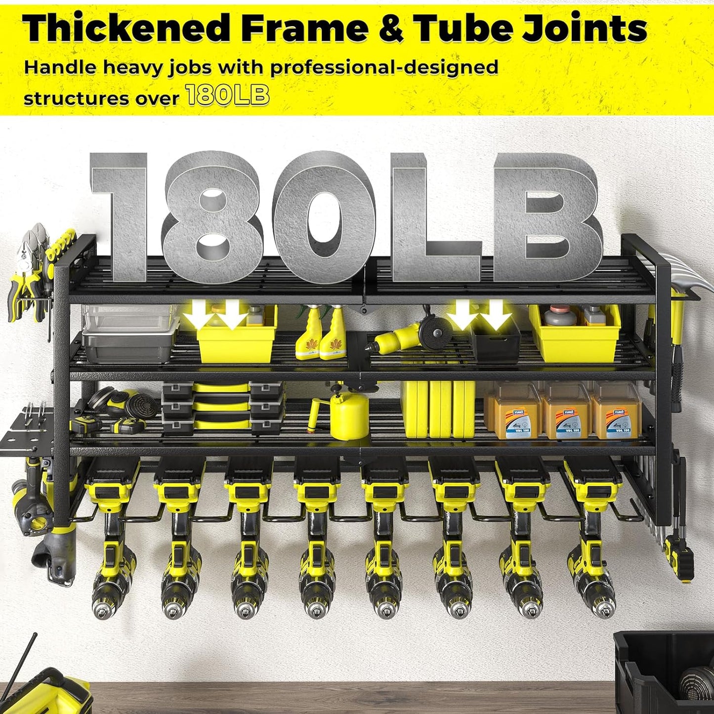 KAFAHOM Power Tool Organizer-8 Drill Holder Wall Mount，Tool Organizer and Storage rack for Garage Organization， Heavy Duty Metal Tool Shelf with Air tool/Screwdriver/Hammer/Plier Holder