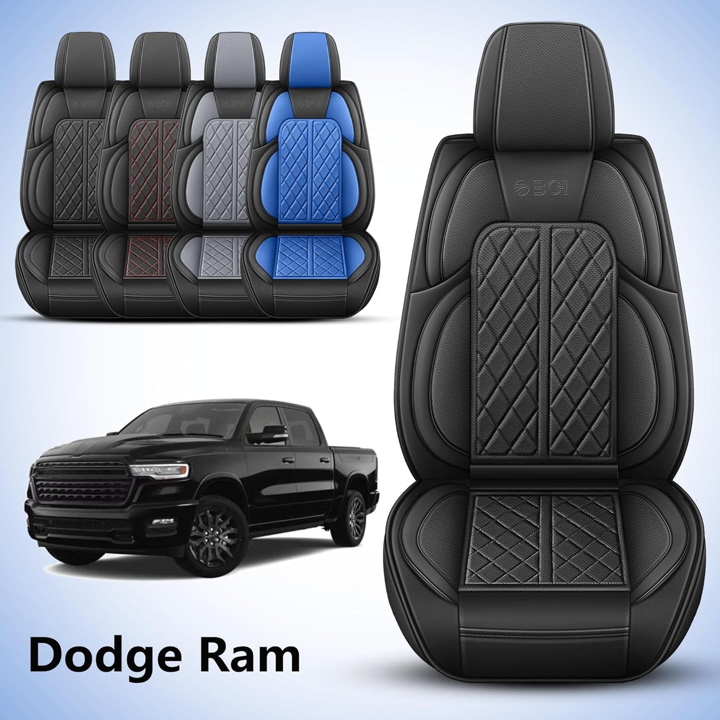 Car Seat Cover Custom Fit for Dodge Ram 1500 2500 3500 2002-2024 Faux Leather Seat Cover Set Compatible with Crew Quad Regular Cab Pickup Truck Cushions (Black, Front Seat)