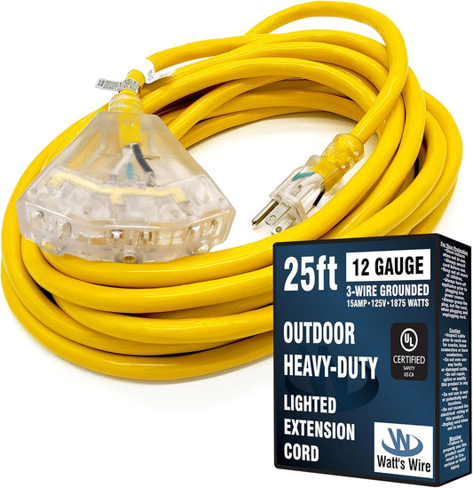 25 ft - 12 Gauge Heavy Duty Extension Cord - 3 Outlet Lighted SJTW - Indoor/Outdoor Extension_Cord by Watt's Wire - 25' 12-Gauge Grounded 15 Amp ExtensionCord